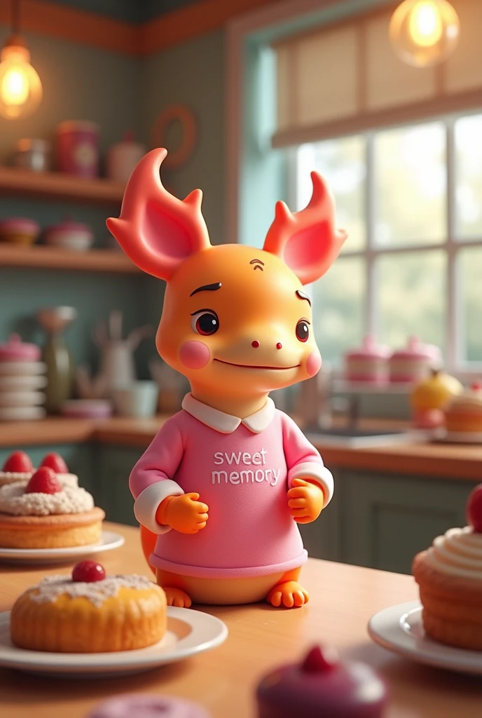 Create 3 d, Pixar style drawing of a pastry chef axolotl with his pink blouse that says Sweet Memory, It is a pastry and catering business 