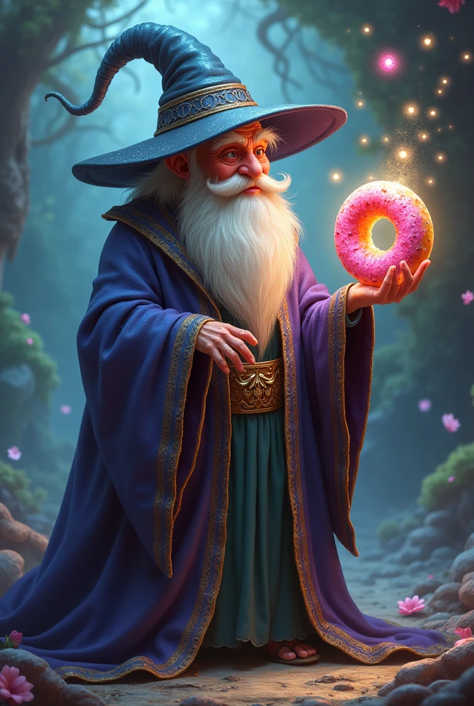 A wizard holding a colorful donut