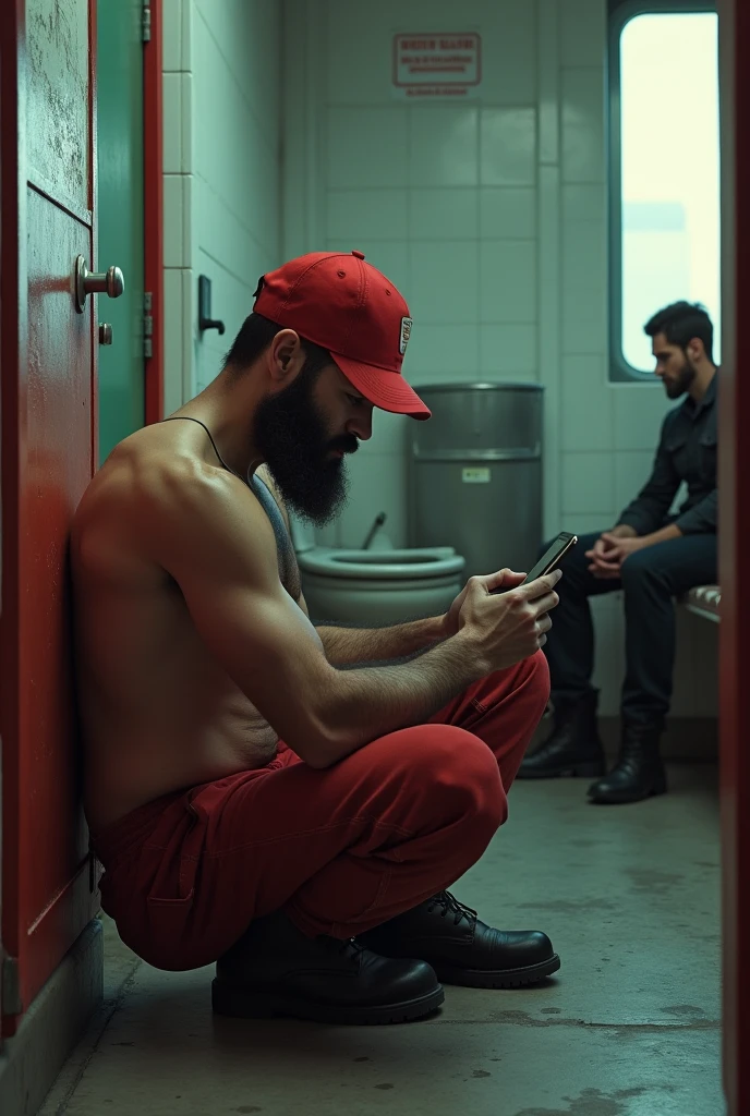 Hairy and bearded mixed-race gas station attendant sitting on the bathroom floor, Looking at cell phone, wearing no shirt, Red cap, red sweatpants and black boots, Being watched by a man sitting on the bench.
