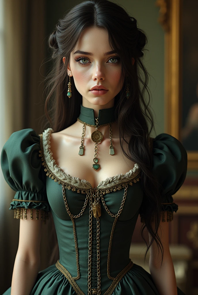 crinoline, victorian 19th century long dress, collar with nametag, collar with dog chain, dark brown hair, long hair, 155cm tall, woman, 1, freckless, small butt, full body view, slim body, a light green left eye, a deep brown right eye, hairless body, slim but round face, B cup boobs,