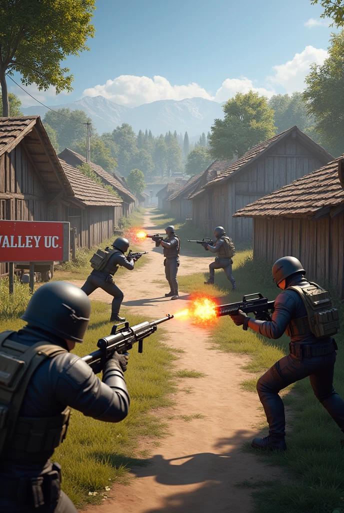 An image with pubg mobile characters exchanging gunfire in a village. with a banner written, valley "UC".