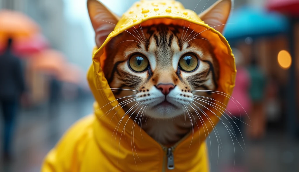 Stunning close-up of an adorable cat wearing a bright yellow raincoat and matching hat. The cat's eyes sparkle with curiosity and her fur issmooth and shiny despite the rain. The raindrops create a beautiful reflection on the cat's fur and coat, and the hat fits snugly on her head. In the background is a slightly blurred image of a colorful rainy day scene with umbrellas and raindrops. The overall atmosphere of the image is playful and whimsical, with a sharp emphasis on the cuteness of the cat.Less
