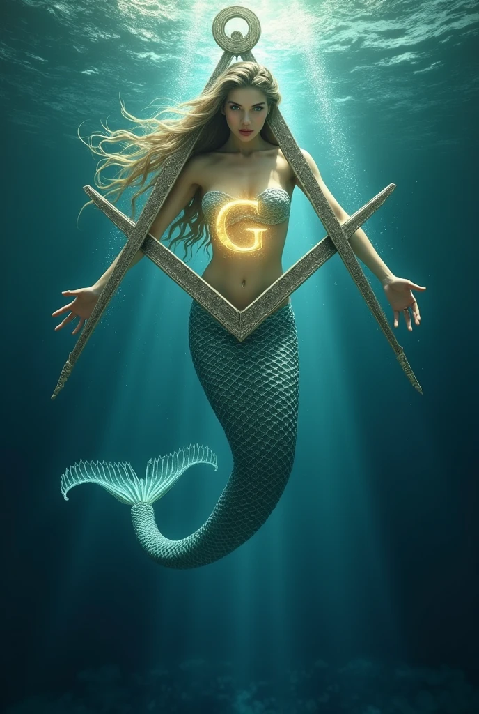 Create a full-color image that represents the Masonic square and compass rescuing a beautiful mermaid from the sea who has half her body down., transparent through the water and the other half and upper part of the body, shown sticking out of the water, with her hands raised holding on to the square and compass with the letter G that comes to her rescue.