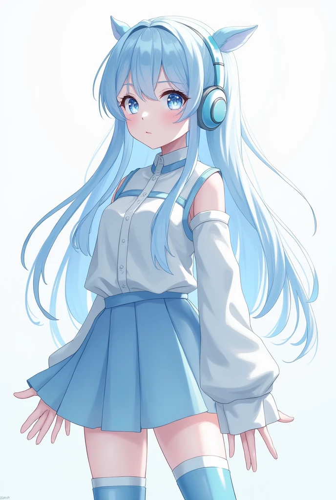 female character,that she is an adult,that only the head is noticeable,with long, light blue hair, light blue and white shirt, with light blue skirt, sky blue and white socks, White skin,blue eyes,sky blue boots, sky blue headphones.