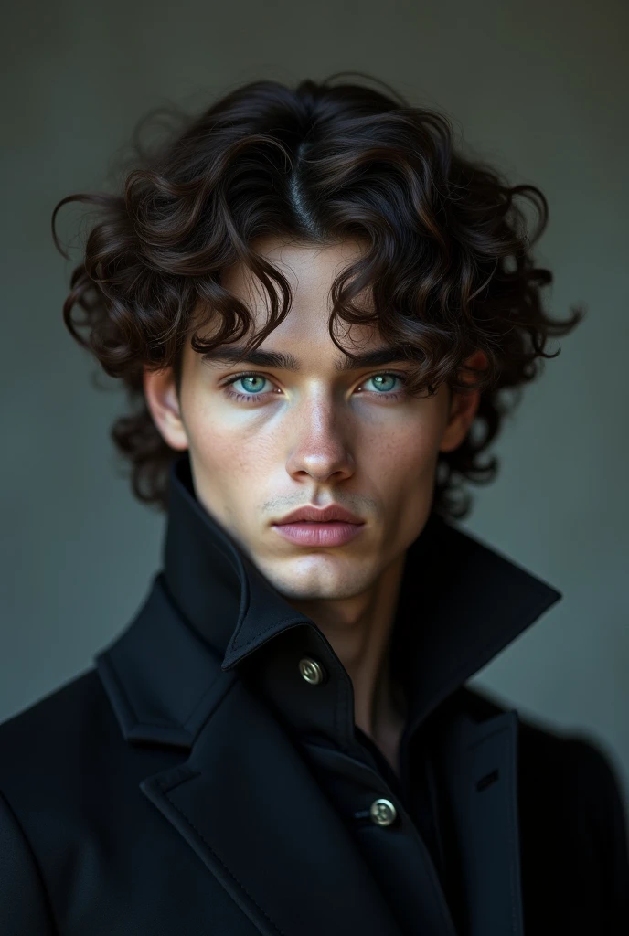 Blue eyed white man with curly hair in black clothes
