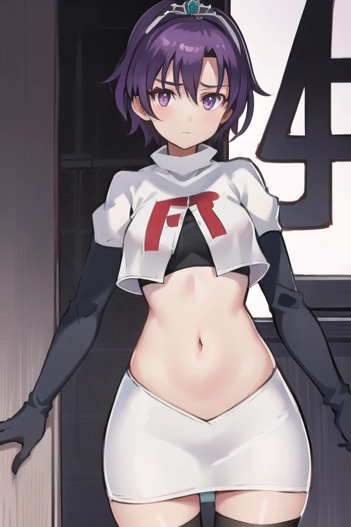 best quality, (masterpiece:1.2), illustration, absurdres,
(1girl, solo), (beautiful detailed girl),
Klaudia von Auslese, purple_hair, short_hair, purple_eyes, small_breasts, timid, (shy:0.8),
jewelry, silver tiara, team rocket,team rocket uniform,white skirt,red letter R,crop top,black thigh-highs,black elbow gloves, looking at viewer,