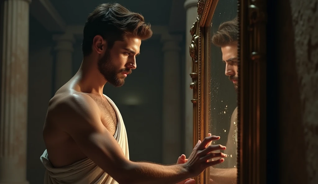 In a 16:9 landscape format, a young and strikingly handsome Stoic philosopher stands before a large, ancient mirror in a dimly lit room, his reflection showing a mix of weariness and deep contemplation. The room is adorned with Roman architecture—grand Doric columns and intricate stone carvings—but the shadows dominate, creating an atmosphere of introspection. The philosopher, dressed in a classic tunic with a subtle shoulder opening, reveals a youthful, athletic build. His impeccably groomed short beard and well-styled hair frame his face, emphasizing his piercing, seductive gaze as he wrestles with his inner turmoil. The mirror’s surface, slightly tarnished, reflects his conflicted expression, symbolizing the struggle to accept a painful truth. His hand hovers near the glass, almost touching it, as if seeking connection or strength from his own reflection. The background fades into darkness, keeping the focus on the philosopher and the mirror, highlighting the tension between self-perception and reality.