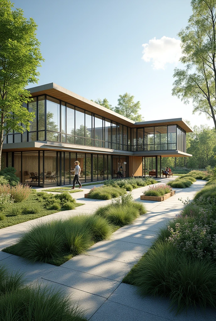 Create a building that is an environmental department in which the main elements are offices and administration and outside there are green areas and recreational workshops.. Let the building reflect an invitation to want to enter it