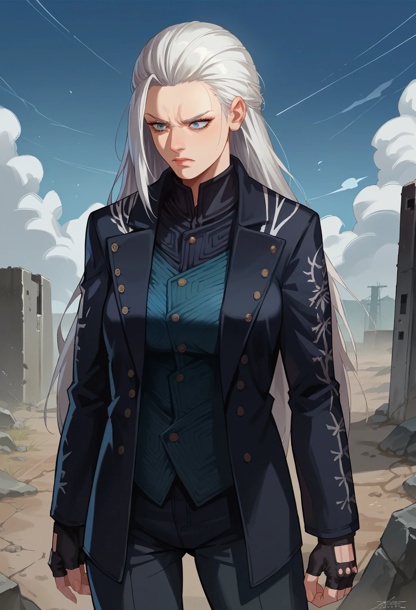 score_9, score_8_up, score_7_up, source_anime, 1girl, solo, dmc5vergil, white hair, long hair, medium breasts,blue eyes, black coat, fingerless gloves, pants, standing,upset, looking at down, wasteland, gray landscape, desolated, gray plain,