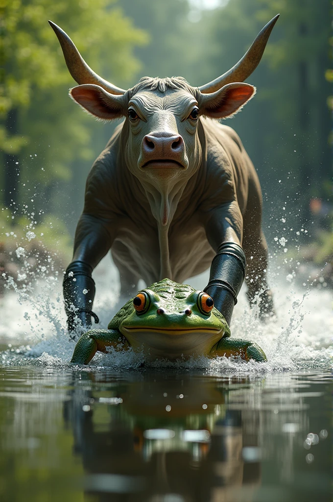 Create a war between a frog and a cow lowered into the pond