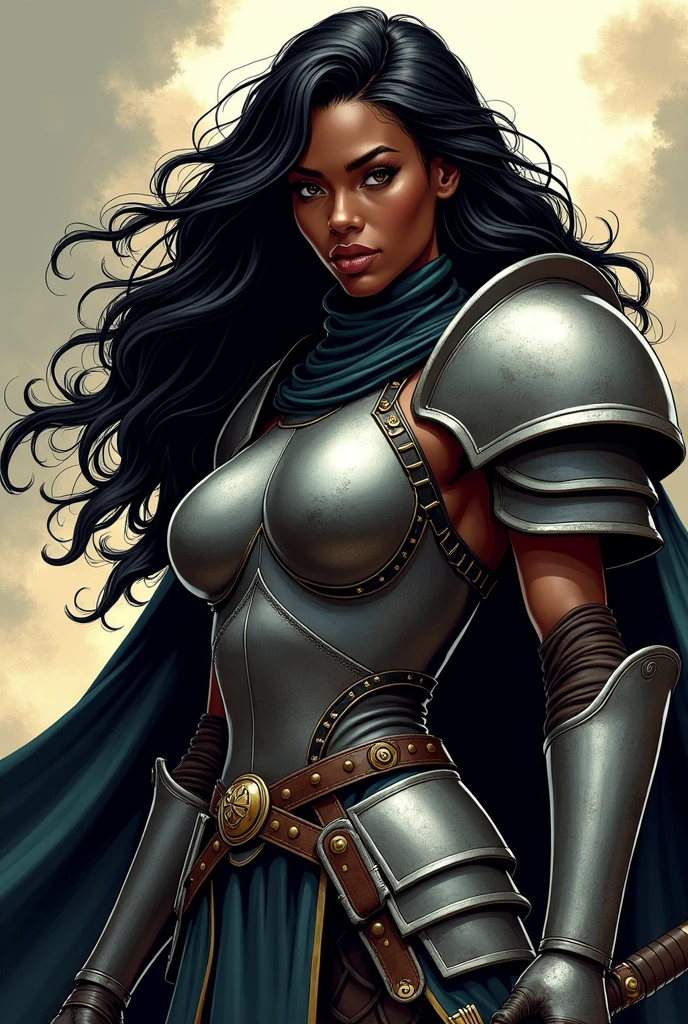 traditional comic art D&D Black woman Warrior black hair long wavy hair heavy armor covering entire body Strong body short sword No background heroic poses Dramatic light and shadow High contrast Two-tone lighting traditional comic book art Less realism Comic book art