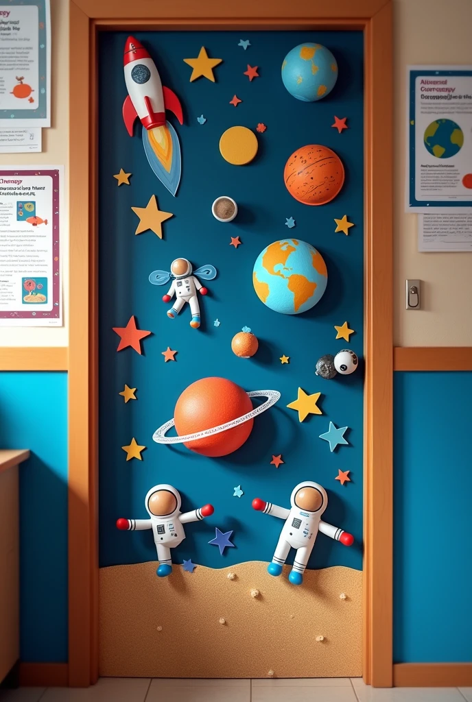 create an image of a school room door decorated with simple items on the theme of development and innovation in space technologies