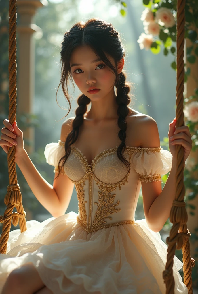 ((Tabletop:1.4, highest quality)), (Realistic photos:1.4),
((1 girl)), (Adorable idol), (dream-like),
(超High resolution:1.2), Very delicate and beautiful, wonderful, Very detailed CG Unity 8k wallpaper, Very detailed, High resolution,
Soft Light, Beautiful detailed girl, Very detailedな目と顔, Beautiful and detailed nose, Beautiful and detailed,
(Wearing a princess dress:1.3),
Cinema Lighting, Perfect Anatomy, Slender body, (Twin tails), (Parted bangs),
(Portrait of Madame de Pompadour:1.3), (Riding on a swing:1.3), (Sitting), (Rococo elegance), (The essence of Rococo painting), (Elegant rest),
Cowboy Shot, Looking at the audience, (Serious face)