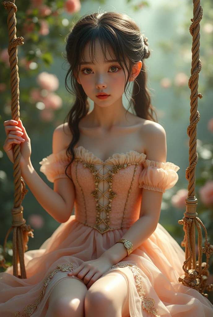 ((Tabletop:1.4, highest quality)), (Realistic photos:1.4),
((1 girl)), (Adorable idol), (dream-like),
(超High resolution:1.2), Very delicate and beautiful, wonderful, Very detailed CG Unity 8k wallpaper, Very detailed, High resolution,
Soft Light, Beautiful detailed girl, Very detailedな目と顔, Beautiful and detailed nose, Beautiful and detailed,
(Wearing a princess dress:1.3),
Cinema Lighting, Perfect Anatomy, Slender body, (Twin tails), (Parted bangs),
(Portrait of Madame de Pompadour:1.3), (Riding on a swing:1.3), (Sitting), (Rococo elegance), (The essence of Rococo painting), (Elegant rest),
Cowboy Shot, Looking at the audience, (Serious face)