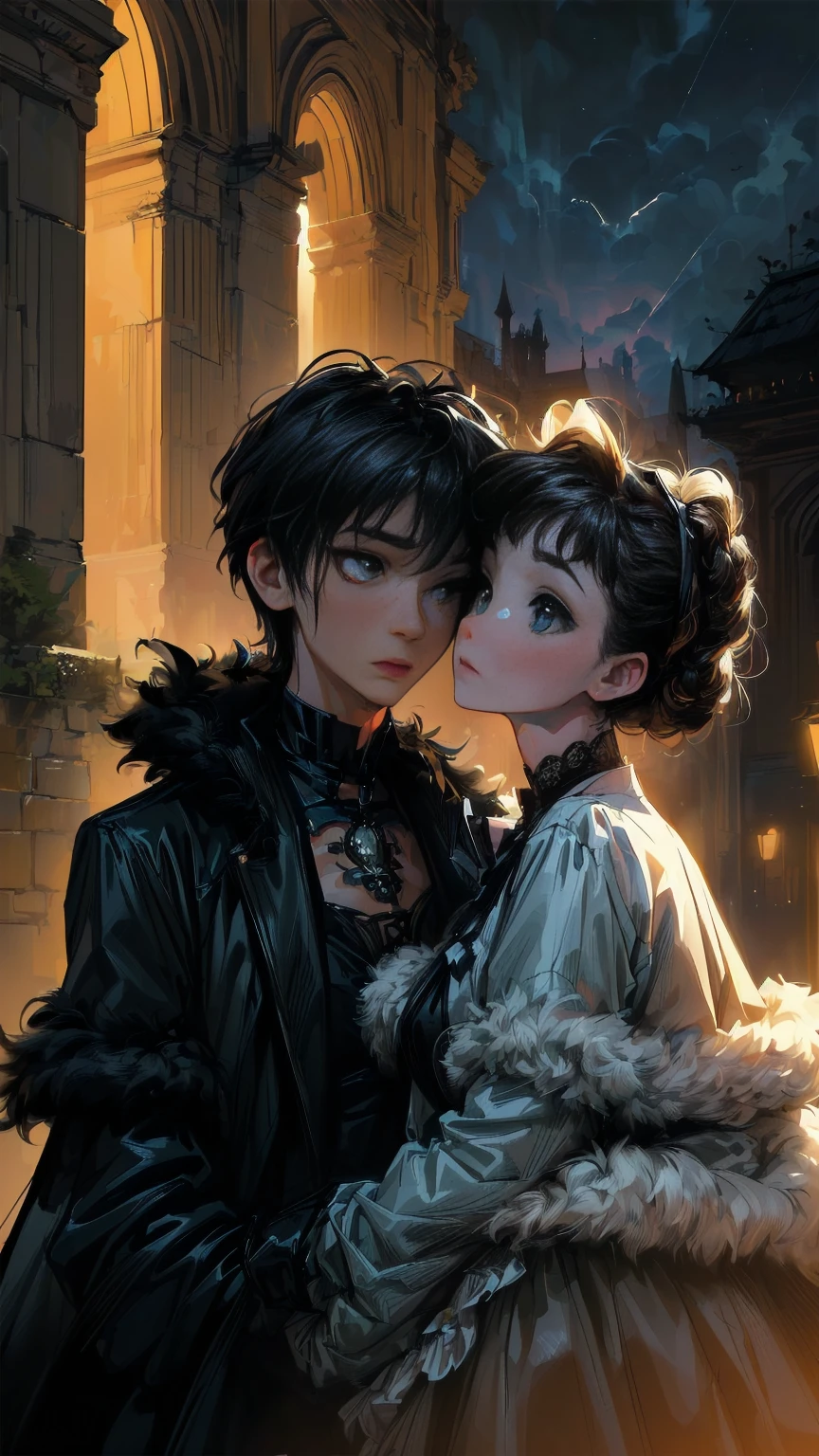 (a straight straight anime couple: 1.5, dark style, dark night, large eyes, Small pieces, fluffy black fur:1.5), (dark gothic, Victorian Gothic Steampunk Style:1.47), Dark, ambiente oscuro con decoraciones de calaveras 32K, Fairy tale: 1.4, camera cut: 1.4, ((dream atmosphere, soft light and magic:1.3)), ((imaginative scene)),((perfect, meticulously detailed.:1.3)), ((full shot: 1.4)), ((Best Quality)) , ((masterpiece)), 3D, (hyper detailed: 1.3), ((epic landscape: 1.3)), ((night background: 1.3 ))), (((the night:1.2))), (photorealistic: 1,4), ((Frontal camera)),( (Low light night cinema lighting: 1,2)). 32K.