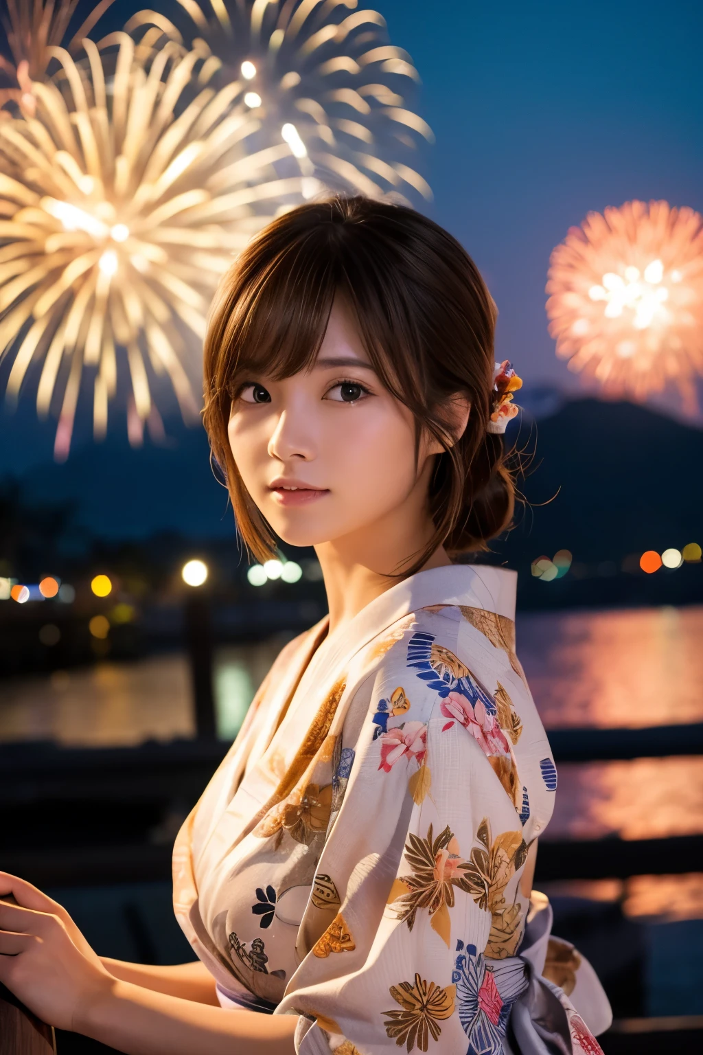 High resolution, Anatomically correct, solo,woman、yukata、summer 、firework、Night light brown hair, 