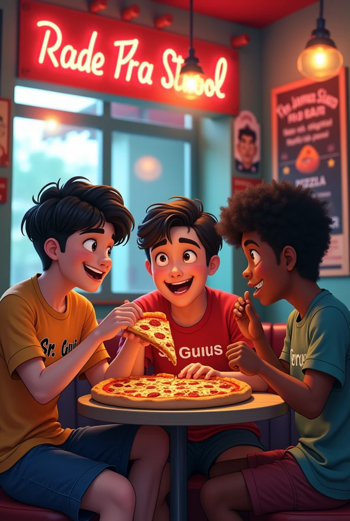 make a picture where 3 friends are together eating pizza. the first friend is white, has straight black hair and is wearing a shirt that says SR. GUILUS, the second friend has black wavy hair, He is muscular and is wearing a shirt that says SR. JAMES, the last friend is black, thin with short curly hair and wearing a shirt that says SR. CHAMOMILE