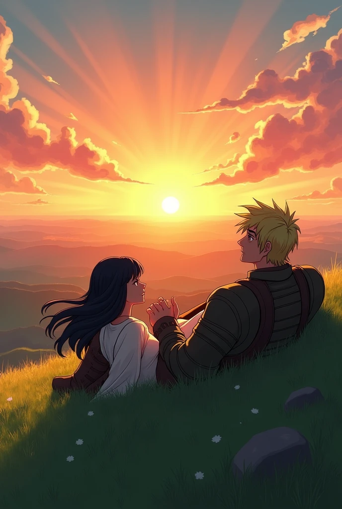 create a scene of a sunset from the top of a hill with a girl with long black hair and a strong soldier with blond hair lying on the grass watching the sunset