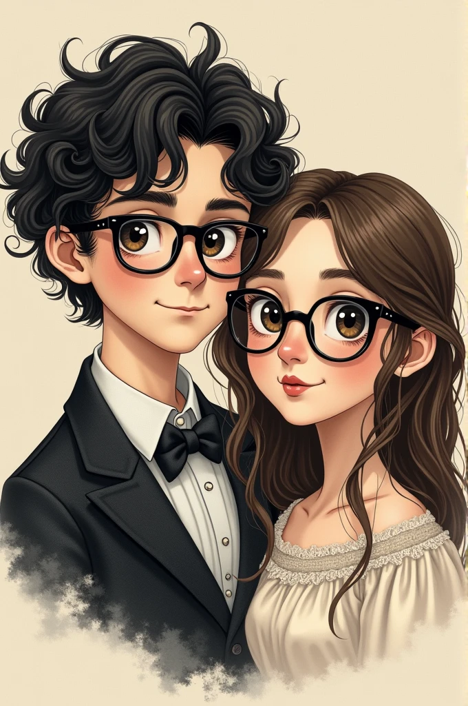 Victorian style illustration of a white couple,Black curly haired boy with glasses next to a straight haired girl with glasses