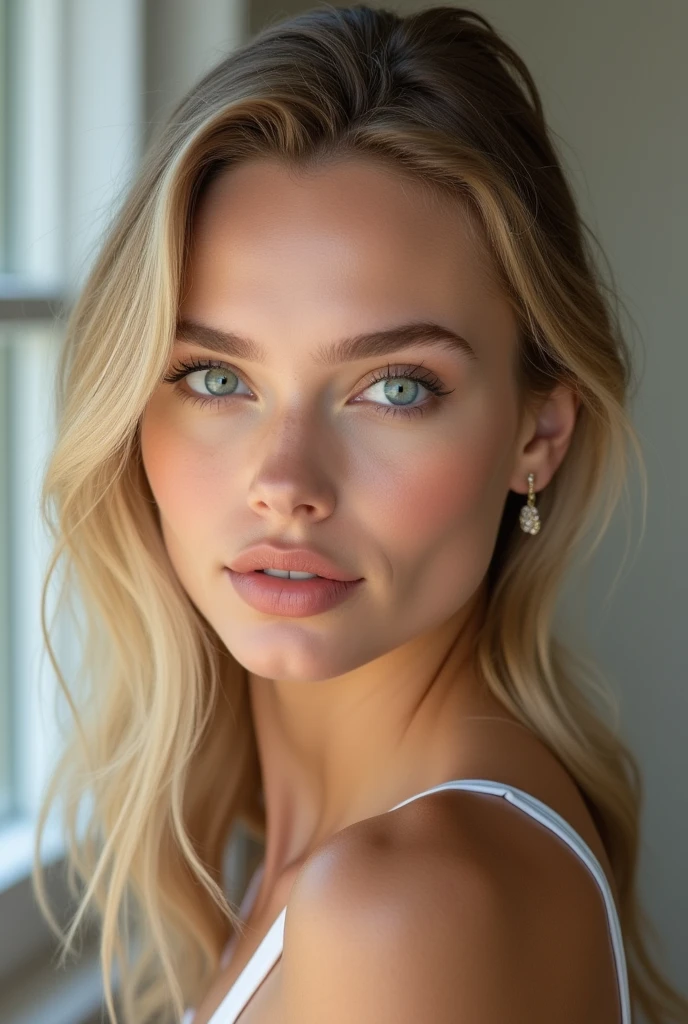 Create a realistic, unobstructed portrait of a 20-year-old supermodel with remarkably symmetrical features. She has high, clean cheekbones, a rounded jawline and flawless, radiant skin. Her piercing blue eyes are intense and framed by perfectly arched eyebrows. Her slightly smiling, full lips are naturally defined by a subtle sheen. Her sleek, elegant blond hair is styled to perfection, and she exudes confidence with a natural look. The background is minimalist and blurred.