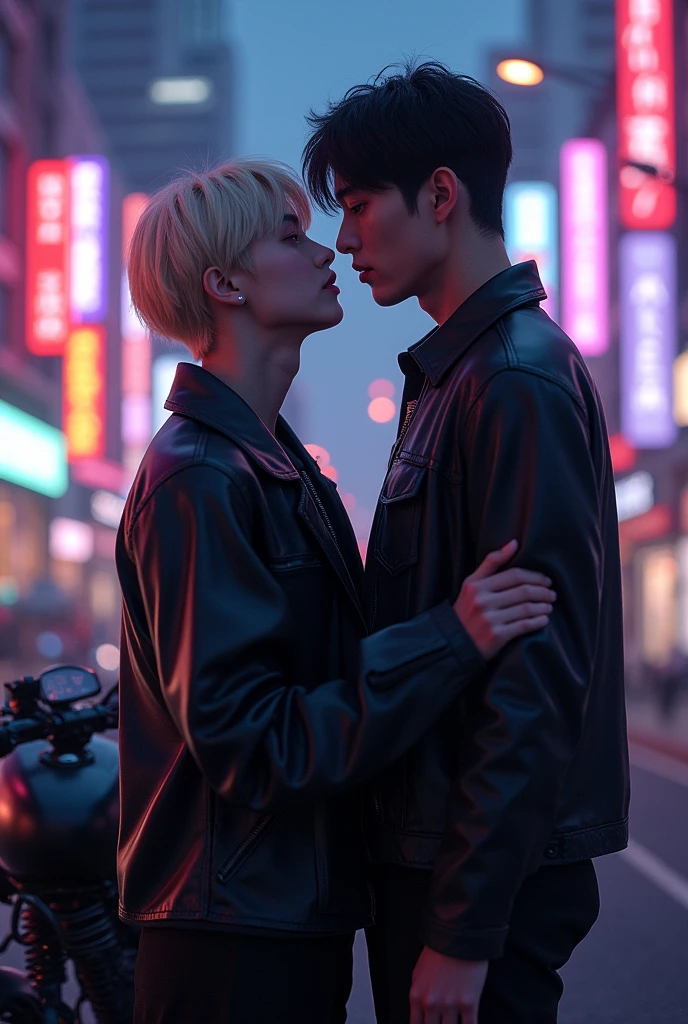 Photorealistic image of Kim Taehyung and Jeon Jungkook against the backdrop of a night city. They look at each other with passion and desire in their eyes.. Behind them stands a black sports motorcycle.. Taehyung has blonde hair, and he is shorter than Jungkook, and he put one hand on Jungkook's chest, and the second one on a motorcycle. They are gay and they both look cool.. Taehyung has light hair, but not blond.