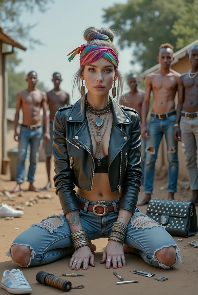 russian milf woman, grey  hair (top bun, shaved sides), colourful bandana as headband, with very light blue eyes, extremely pale skin. Wearing tight aged black moto jacket studded collar) with lots of zippers and pins, worn skinny dark blue jeans with patches, wet knees. Barefoot, with bracelets around ankles. Chain around hips like belts. Dirty knees, dirty feet and muddy hands. Wide studded belt. Lots of metallic bracelets, lots of boho pendants and lots of colourful beads collars. Long huge boho. Chains around the hips. Squatting on a puddle with hands on her hips, looking up, chin up, stretching her neck , humble facial expression. Bracelets in ankles and rings in fingers. Black nail polish. studded black leather tote bag with chain on the floor, next to her.. Listening looking up in amazement to somebody speaking to her from the sky, upper teeth visible. Well toned abdominals, thin neck, slim legs and thin arms. Narrow hips Cleavage, stomach, neck, tigh and hands completely covered with tattoos. Dirt street in Kenyan village full of waste. A lot of tanned shirtless fat men in jeans around looking at her. next to her, all her belongings scattered on the floor: tobacco packs, makeup kit, little makeup mirror, studded black leather tote bag, lipstick, wallet, moble etc on the floor