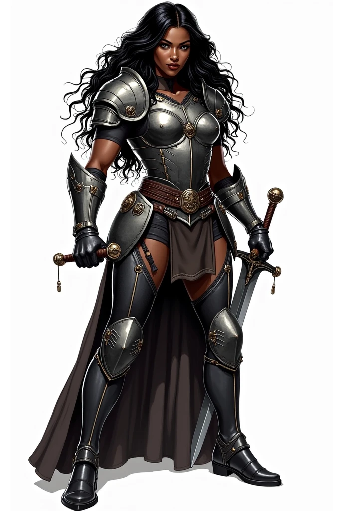 traditional comic art D&D Black woman Warrior black hair long wavy hair heavy armor covering entire body Strong body short sword No background heroic poses Dramatic light and shadow High contrast Two-tone lighting traditional comic book art Less realism Comic book art White background