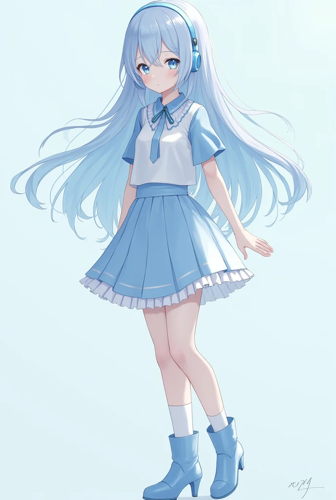 female character,that she is an adult,that only the head is noticeable,with long, light blue hair, light blue and white shirt, with light blue skirt, sky blue and white socks, White skin,blue eyes,sky blue boots, sky blue headphones.