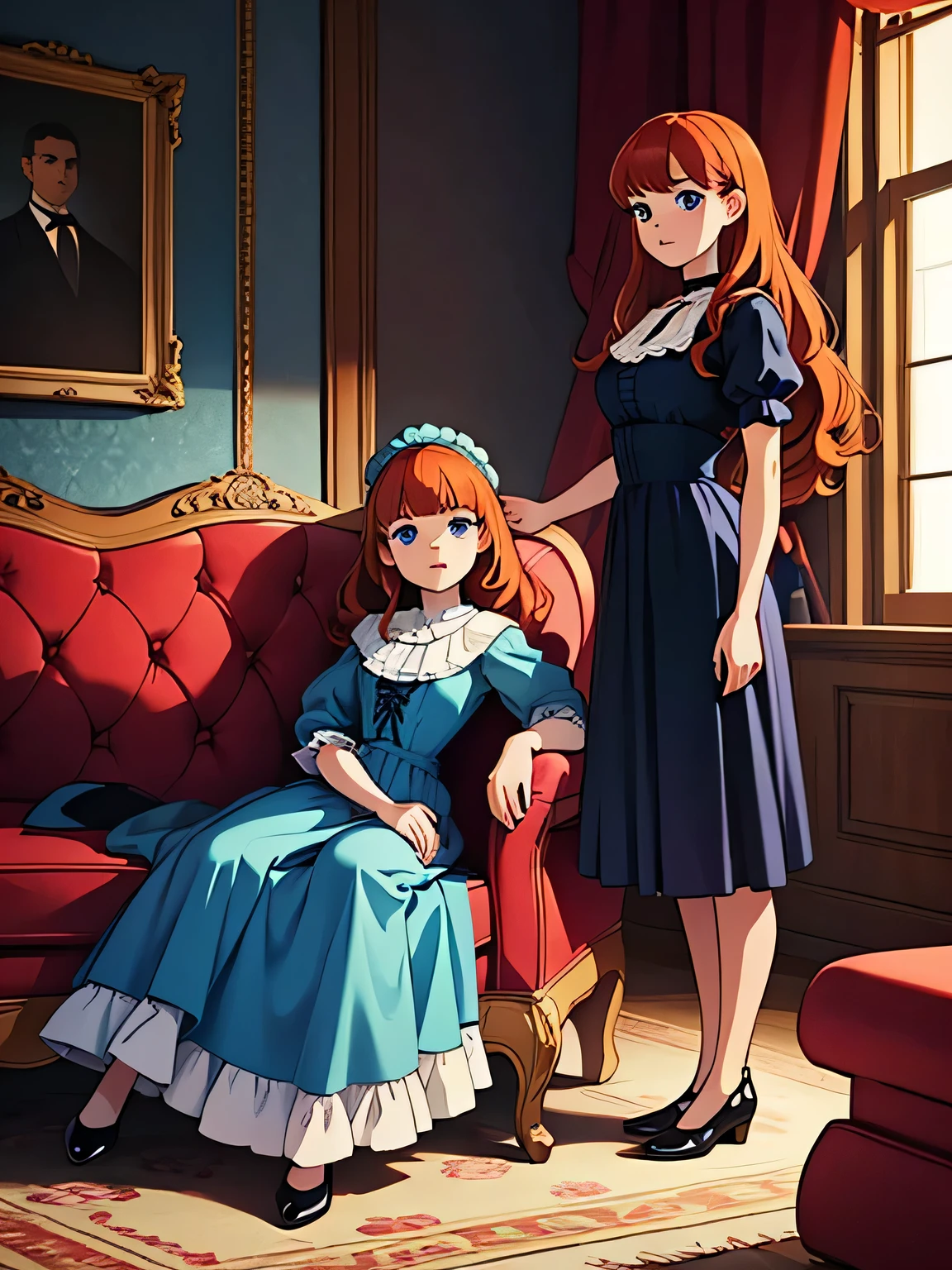 Two nine-year-old girls, one lying comfortably on a three-seater sofa and the other standing next to the sofa in the living room of a Victorian mansion, with ginger hair, a proud look on her face, medium build, slim, blue eyes, dressed in a Victorian-style dress, with long, slightly curly hair and bangs.