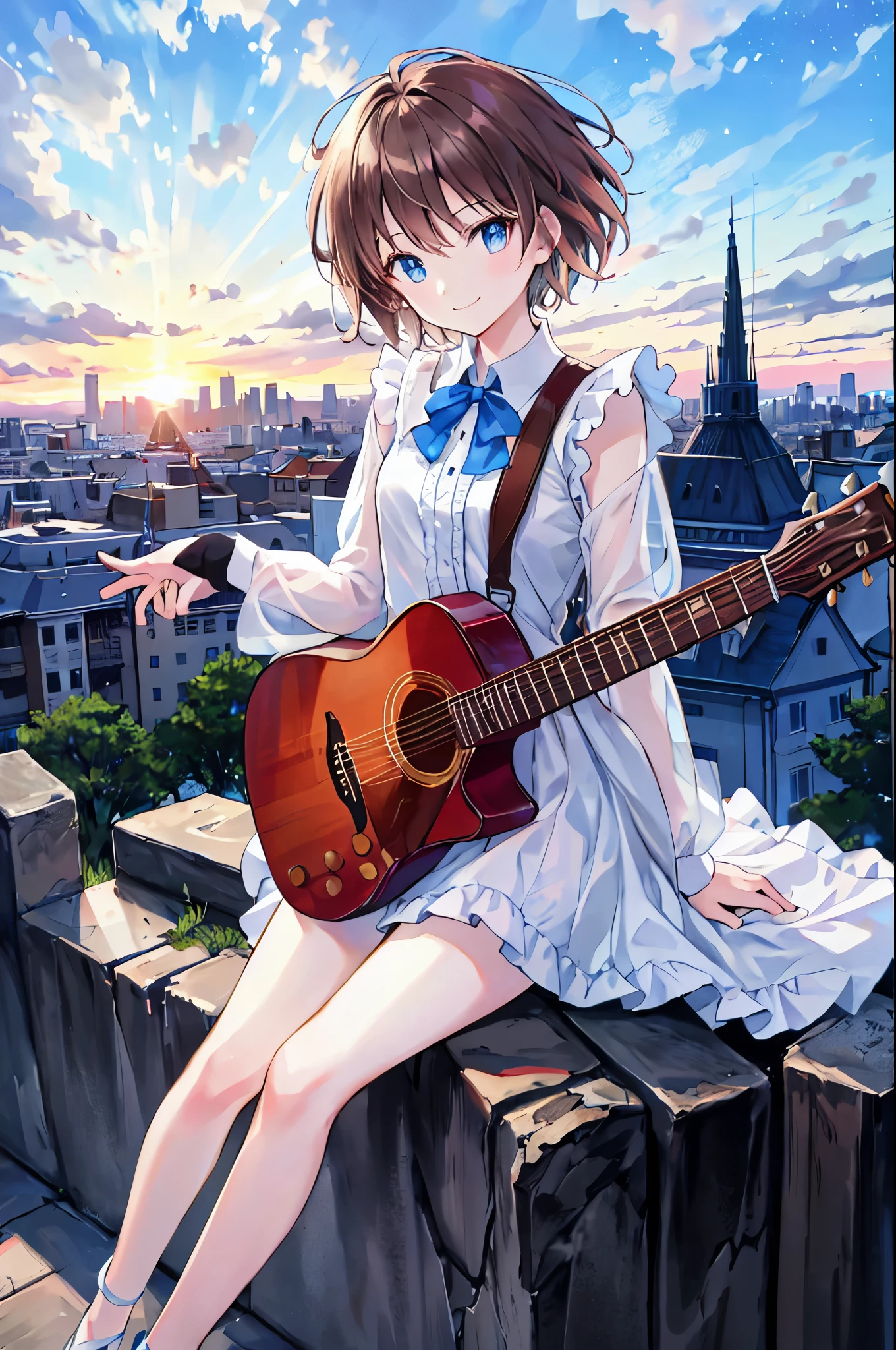 Brown Hair，Shortcuts，Messy Hair，Slender beauty，A dignified posture，Small chest，Beautiful feet，Her captivating grey-blue eyes shine like stars，beautiful girl，Tabletop, Highest quality,shape, wallpaper, Super detailed, Absurd,  , alone, (Medium Short Hair、play the guitar、smile、Overlooking the city from the top of the hill、The sunset is beautiful