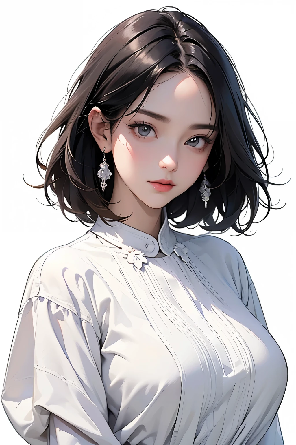 (best quality、masterpiece、high resolution)、4K Art、reality、concept art、portrait、whole body、a woman、40 years old、big bust、black hair、short bob、boyish、beautiful skin、white blouse、((white background))、((blank background))、