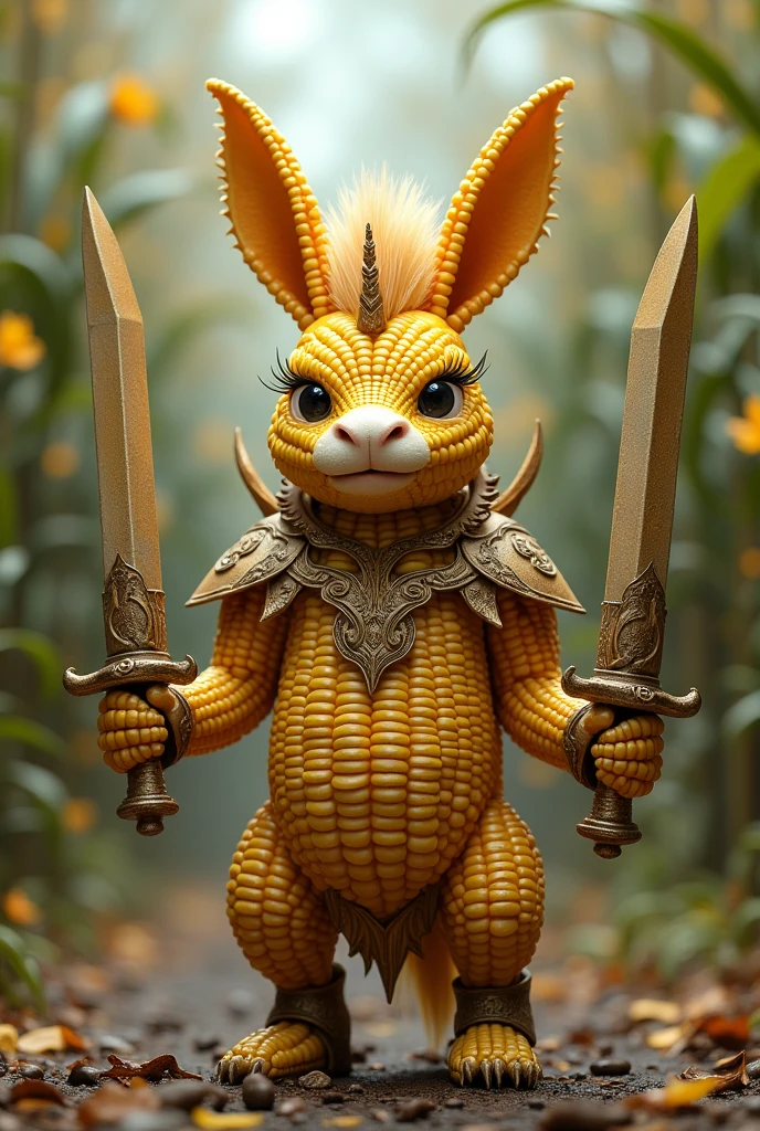 I want a donkey that is made of corn cobs, standing on two legs and holding two large swords in his hands as well as a dragon armor