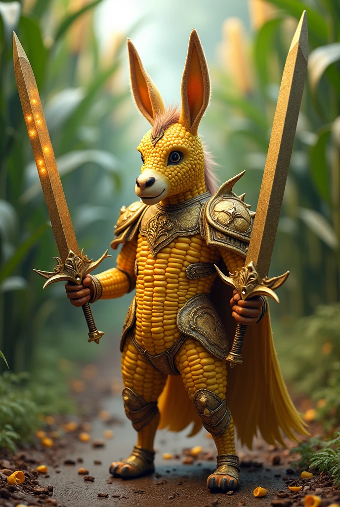 I want a donkey that is made of corn cobs, standing on two legs and holding two large swords in his hands as well as a dragon armor 