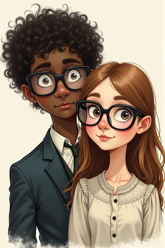 Victorian style illustration of a white couple,Black curly haired boy with glasses next to a straight haired girl with glasses 