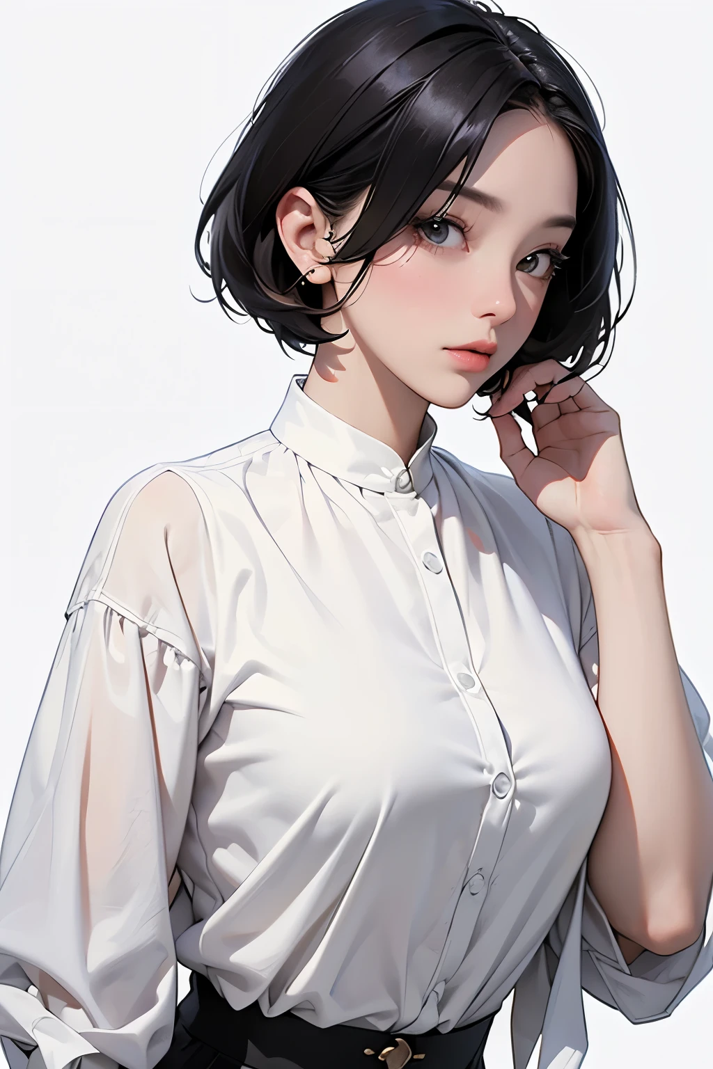 (best quality、masterpiece、high resolution)、4K Art、reality、concept art、portrait、whole body、a woman、40 years old、big bust、black hair、short bob、boyish、beautiful skin、white blouse、((white background))、((blank background))、