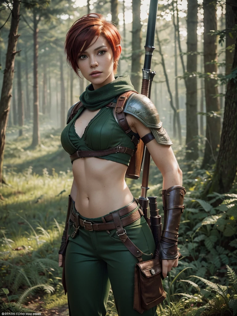 slim feminine figure, redhead, best quality, realistic skin texture, photography, film grain texture and high contrast, extremely high-resolution details, photographic, photorealistic, hyper-realistic, HDR, masterpiece, ((short pixie hair)), dressed up as a hunter from world of warcraft, full green hunter armor, bow, a green lust forest in the background, brown pants