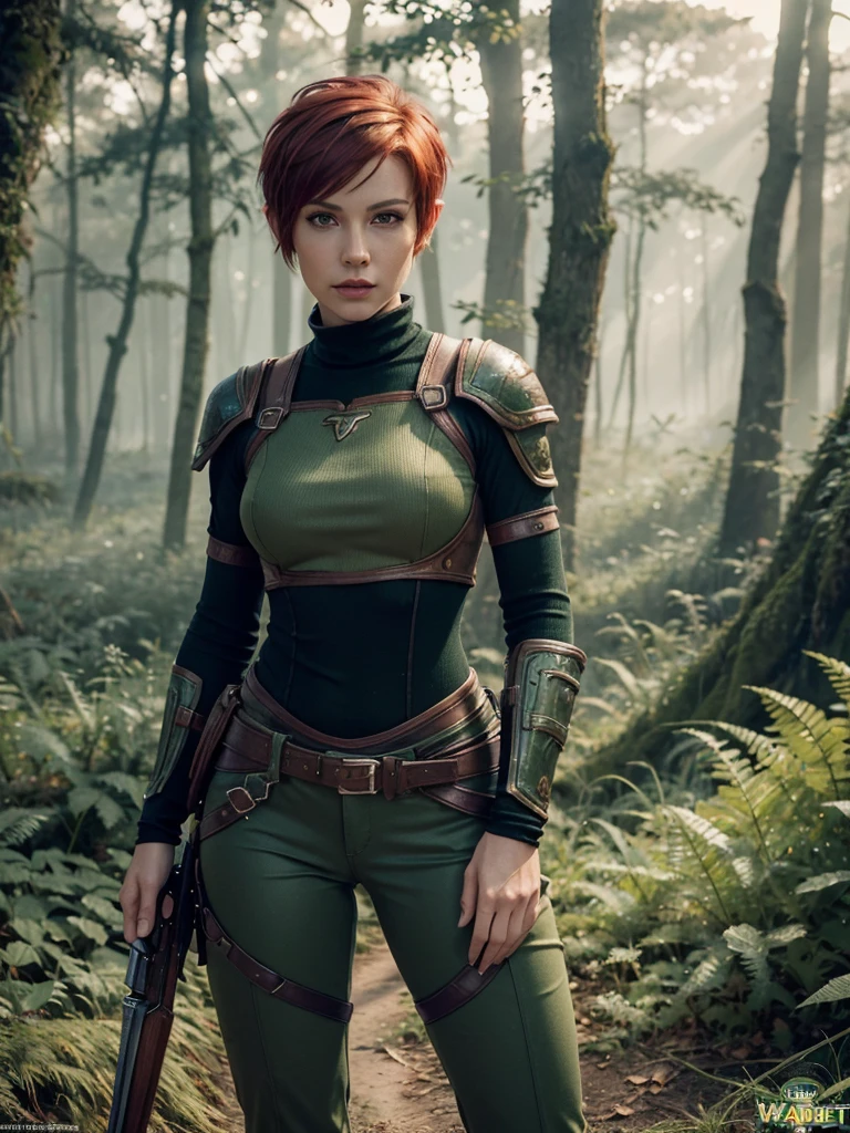 slim feminine figure, redhead, best quality, realistic skin texture, photography, film grain texture and high contrast, extremely high-resolution details, photographic, photorealistic, hyper-realistic, HDR, masterpiece, ((short pixie hair)), dressed up as a hunter from world of warcraft, full green hunter armor, bow, a green lust forest in the background, brown pants