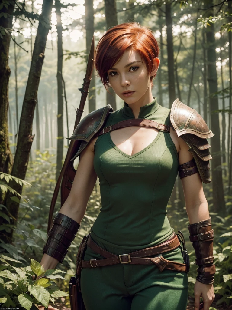 slim feminine figure, redhead, best quality, realistic skin texture, photography, film grain texture and high contrast, extremely high-resolution details, photographic, photorealistic, hyper-realistic, HDR, masterpiece, ((short pixie hair)), dressed up as a hunter from world of warcraft, full green hunter armor, bow, a green lust forest in the background, brown pants