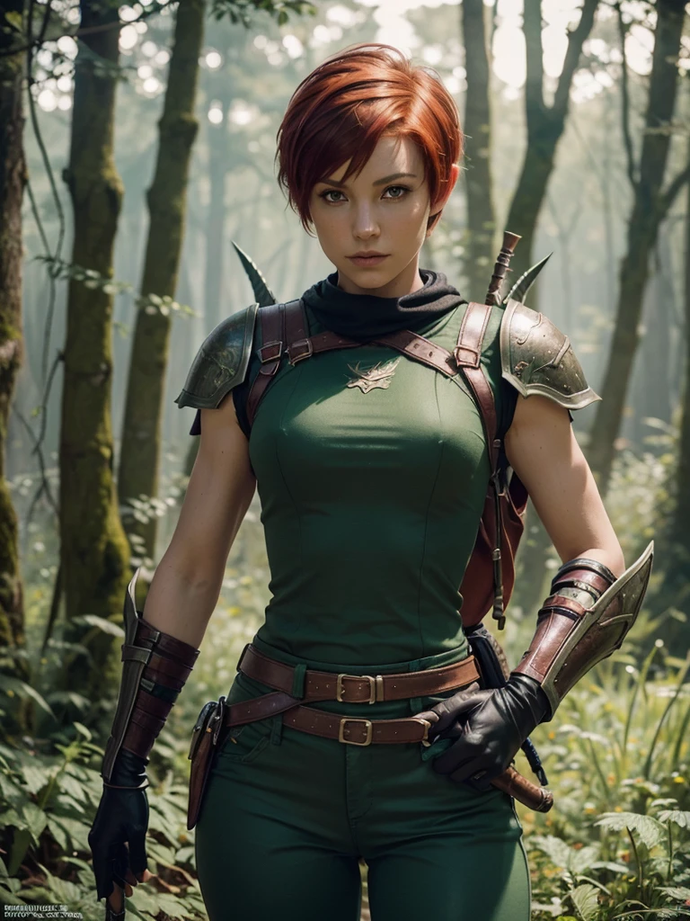 slim feminine figure, redhead, best quality, realistic skin texture, photography, film grain texture and high contrast, extremely high-resolution details, photographic, photorealistic, hyper-realistic, HDR, masterpiece, ((short pixie hair)), dressed up as a hunter from world of warcraft, full green hunter armor, bow, a green lust forest in the background, brown pants