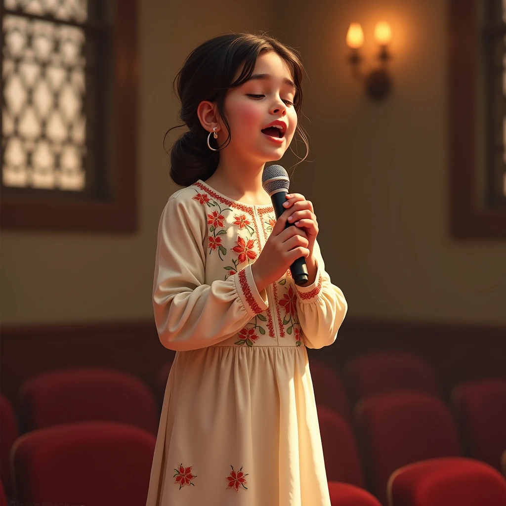 /imagine prompt: A digital painting of a young Pakistani Muslim girl singing into a microphone in a school auditorium. She is wearing a traditional shalwar kameez with floral embroidery, her hair neatly styled in a low bun with loose strands framing her face. The girl stands confidently, holding the microphone close to her mouth with both hands, her eyes closed as she sings passionately. The background features soft, warm lighting, with blurred candles and intricate window patterns visible in the distance. Created Using: high-detail brushwork, realistic texture, soft lighting, warm color palette, realistic facial expression, hd quality, natural look --ar 16:9 --v 6.0