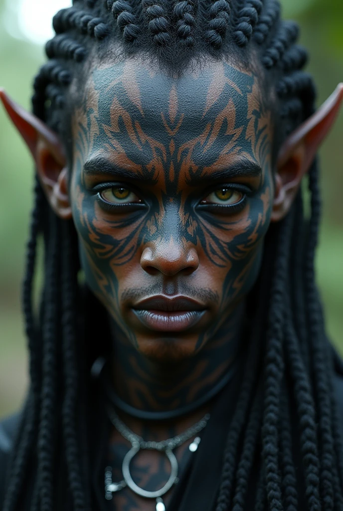 a close up of a ALIEN HYBRID MALE with tattoos on her face, dark elf, fractalpunk, braided intricate hair, matte painting portrait shot, beautiful male android, pitchblack skin, he is dressed in shaman clothes, tattooed face, cryptopunk, heavy makeup