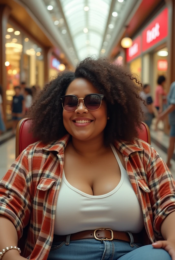 (photorealism:1.2), beautiful woman, chubby, shopping clothes, at mall, wearing sunglasses, relaxed pose, realistic, intricate details, warm colors