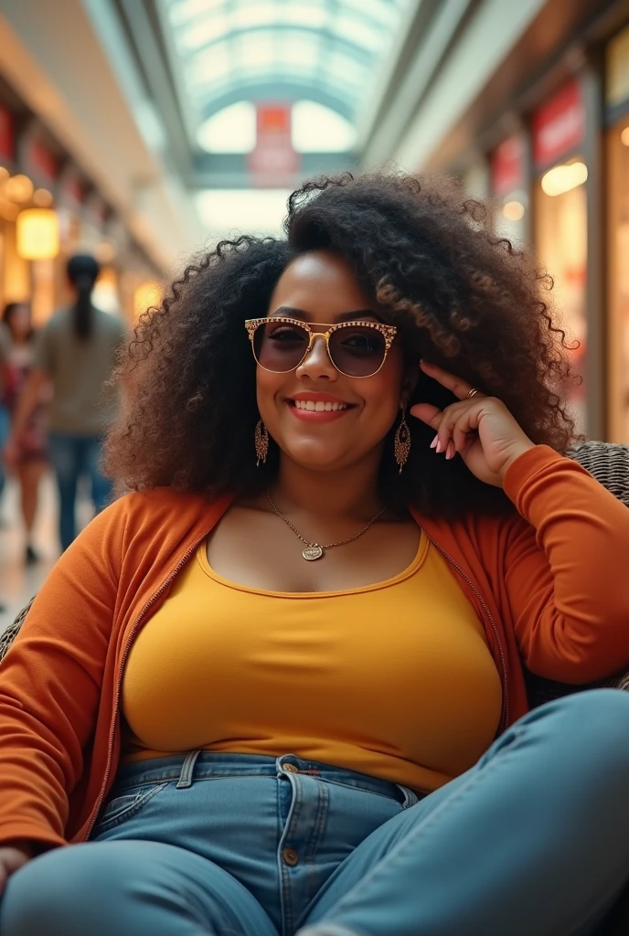 (photorealism:1.2), beautiful woman, chubby, shopping clothes, at mall, wearing sunglasses, relaxed pose, realistic, intricate details, warm colors