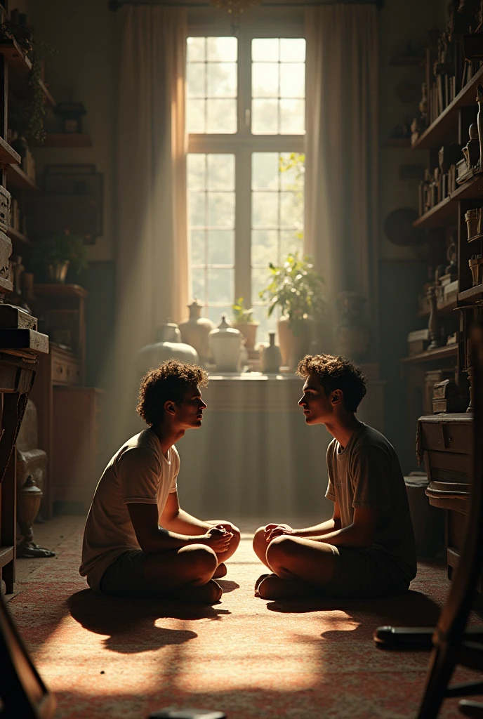 Timothée Chalamet and Leo Woodwall sit together cross-legged on the floor of an antiques house that looks like a large library or a treasure trove of old furniture for sale, in an intimate moment between them.