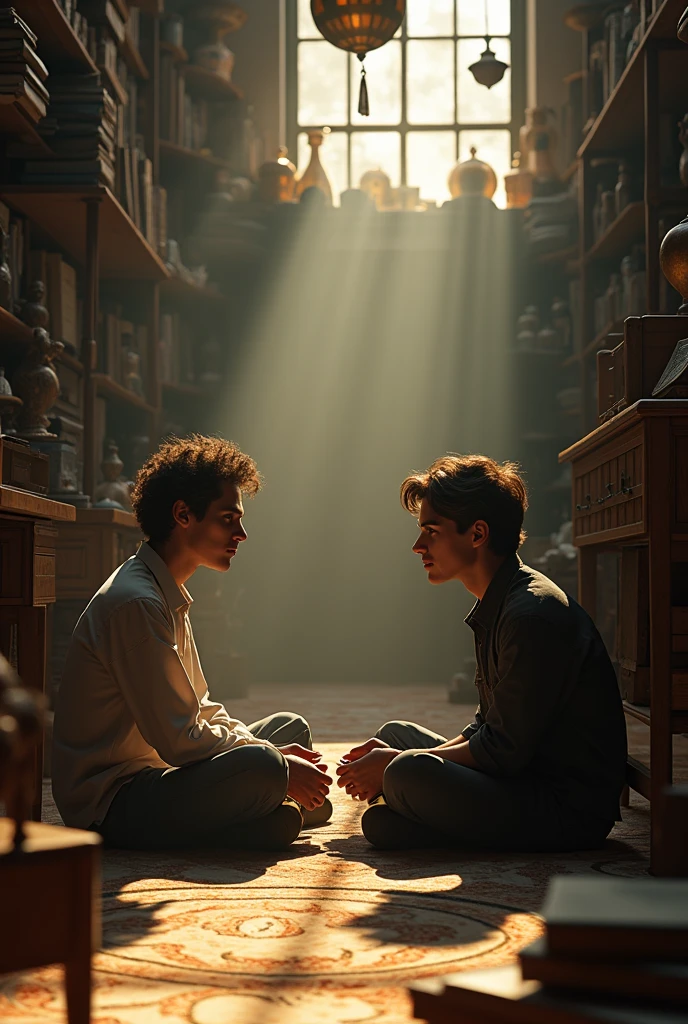 Timothée Chalamet and Leo Woodwall sit together cross-legged on the floor of an antiques house that looks like a large library or a treasure trove of old furniture for sale, in an intimate moment between them.