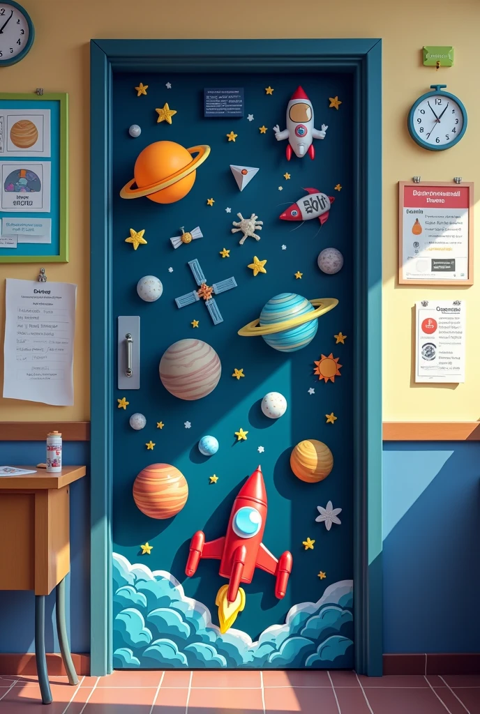 create an image of a school room door decorated with simple items on the theme of development and innovation in space technologies