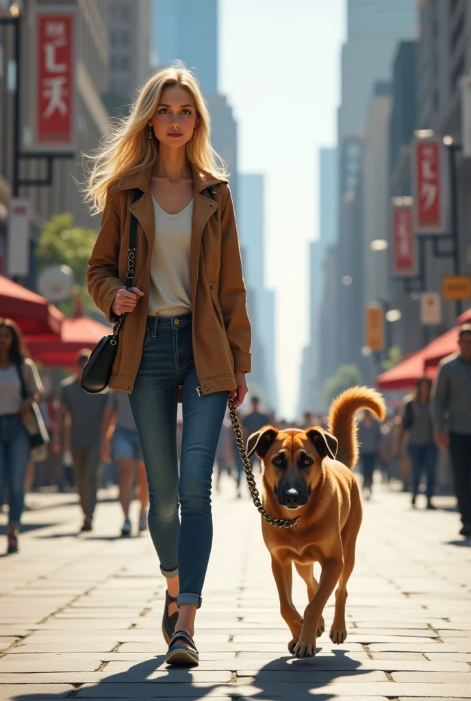 thin blonde woman walking in the city with a caramel female mongrel dog with short hair and a black snout