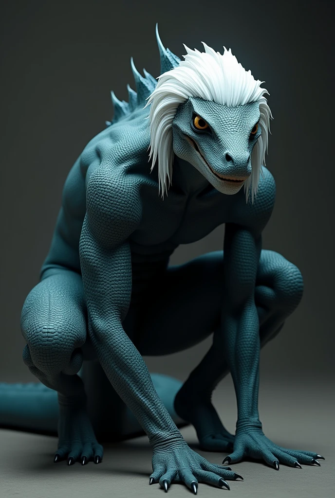 White haired male human-reptile hybrid with greyish blue scales, wearing black thermal suit, crouching down, digital art