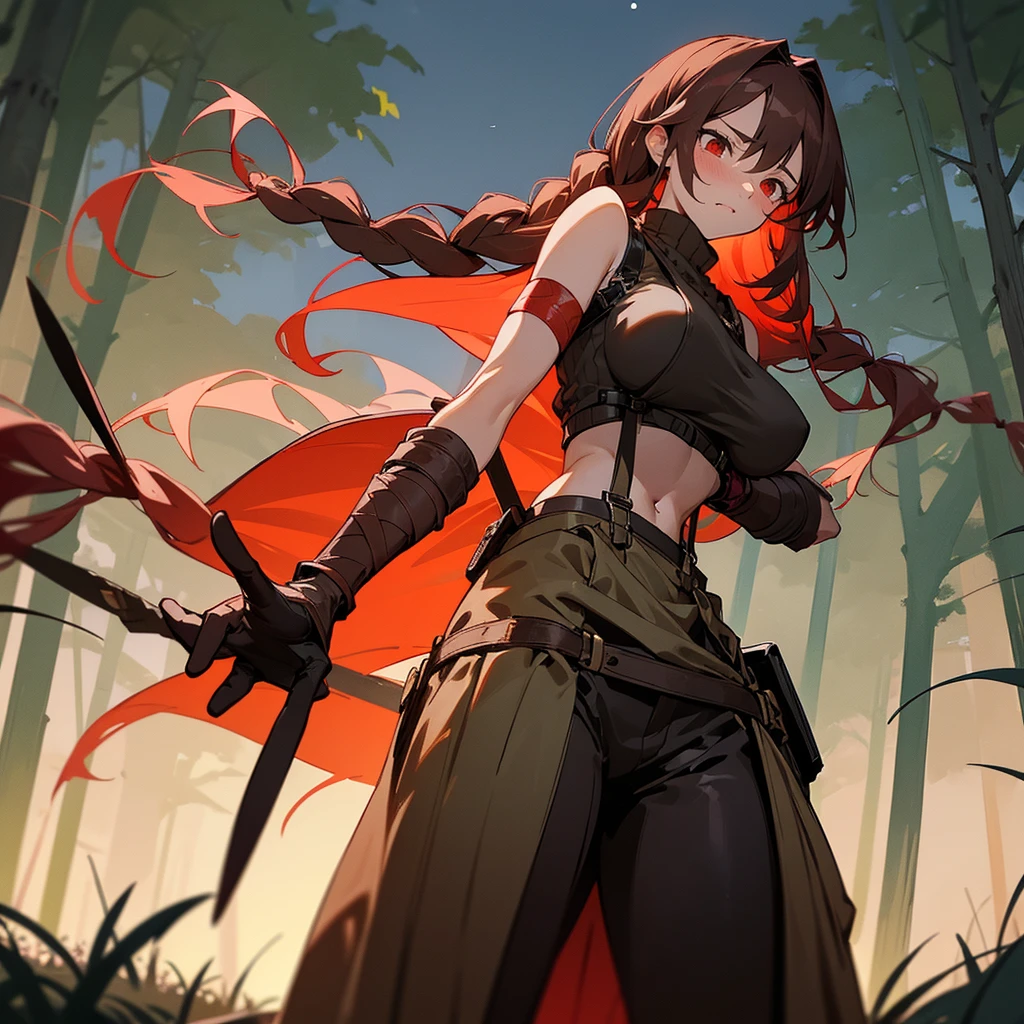 1female, sexy, big breast, young adult, finely detailed red eyes, wild long hair, braided hair, dark brown color hair, adventurer gear, suspenders, sleeveless crop top sweater, baggy combat skirt, night time, dark forest, somber expression, flowers, blushing, standing on path, lanturns, black armband, mma gloves