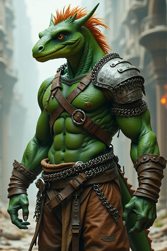 Green humanoid dragon, blind in one eye. He wears chainmail and baggy pants, Leather Clothes. She has hair between copper and ochre..